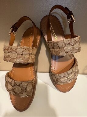 COACH Brown Signature Canvas Two-Strap Slingback Sandals